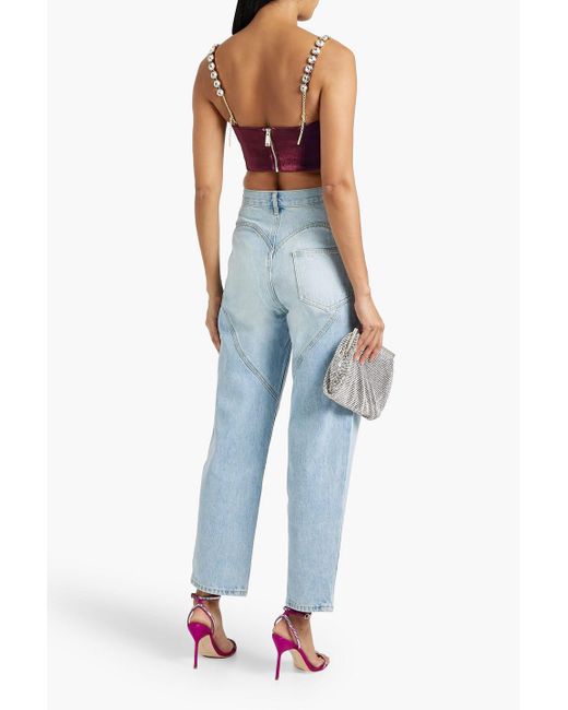 Area Purple Cropped Crystal-embellished Lamé Bustier Top