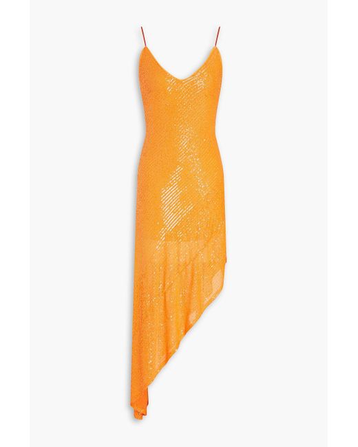 ROTATE BIRGER CHRISTENSEN Orange Asymmetric Sequined Stretch-mesh Slip Dress