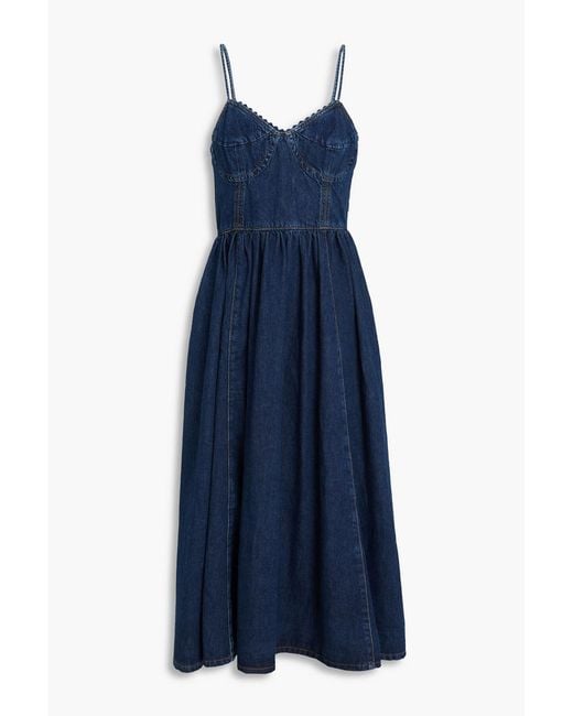 Sandro Blue Rickrack-Trimmed Denim Midi Dress