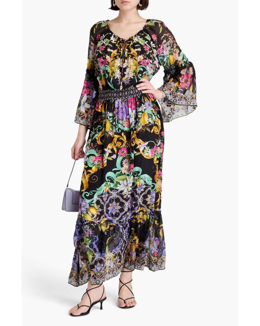 Camilla Black Maxikleid aus crêpe de chine aus seide und voile mit floralem print und verzierung