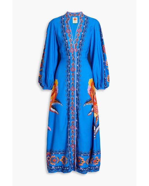 Farm Rio Blue Maxi FARM Rio Crochet-Trimmed Printed Twill Maxi Dress in Blue | Lyst