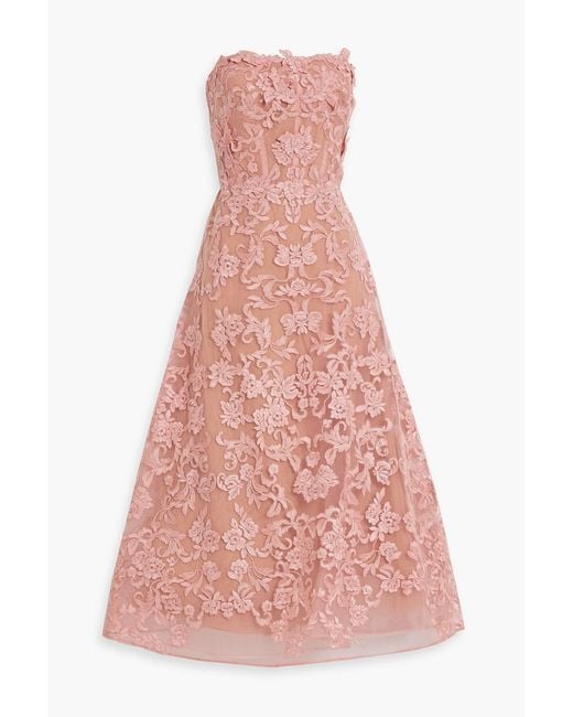 Marchesa Pink Strapless Floral-Appliquéd Corded Lace Midi Dress