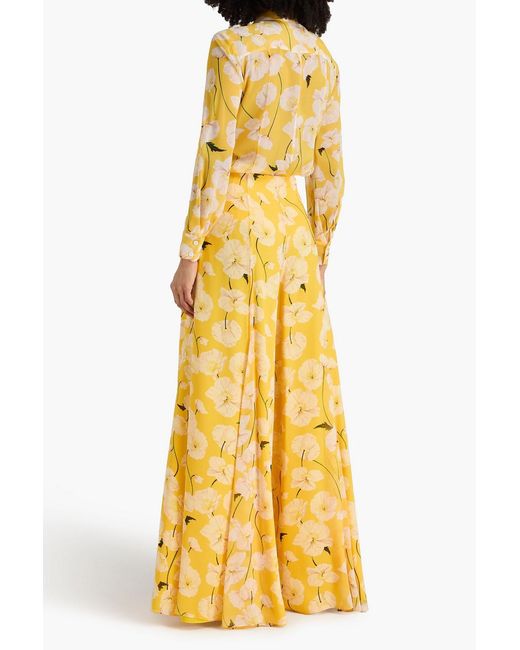Carolina Herrera Yellow Floral-Print Silk-Crepon Wide-Leg Pants