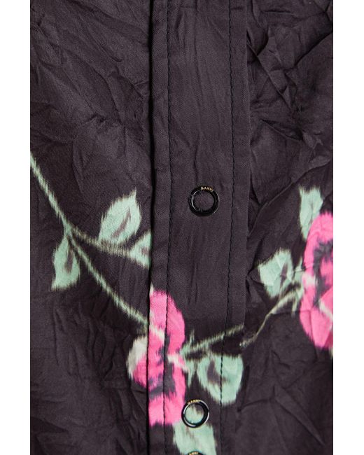 Ganni Black Floral-print Crinkled-satin Blouse