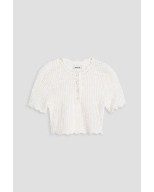 Sandro White Cropped Pointelle-Knit Top