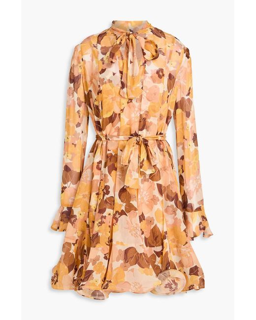 Zimmermann Orange Pussy-Bow Floral-Print Goergette Mini Dress