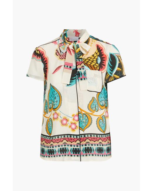 RED Valentino White Pussy-bow Floral-print Silk Crepe De Chine Shirt
