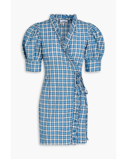Ganni Blue Checked Cotton-blend Seersucker Mini Wrap Dress