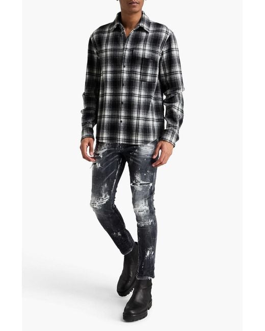 DSquared² Black Checked Wool-Blend Flannel Shirt for men