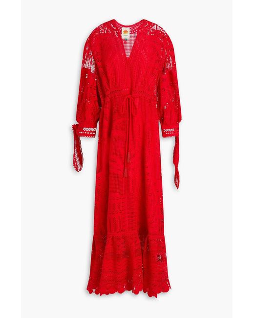 Farm Rio Red Morada Pleated Guipure Lace Maxi Dress