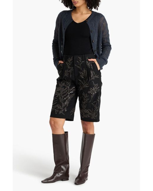 Brunello Cucinelli Black Embroidered Cotton And Linen-blend Shorts