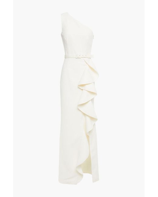 Rebecca Vallance White Greta robe aus cloqué mit asymmetrischer schulterpartie, rüschen und gürtel