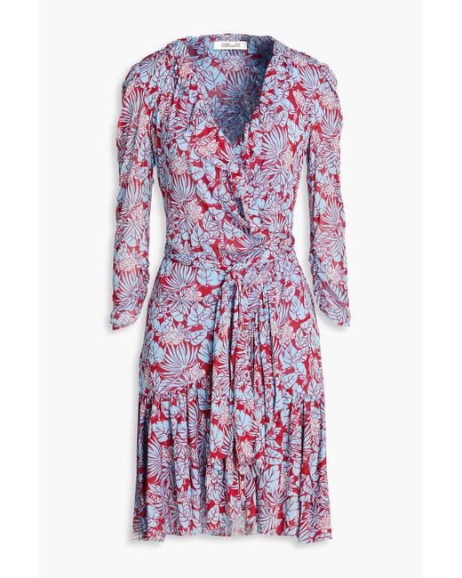 Diane von Furstenberg Purple Paloma Ruffled Floral-print Stretch-mesh Mini Wrap Dress