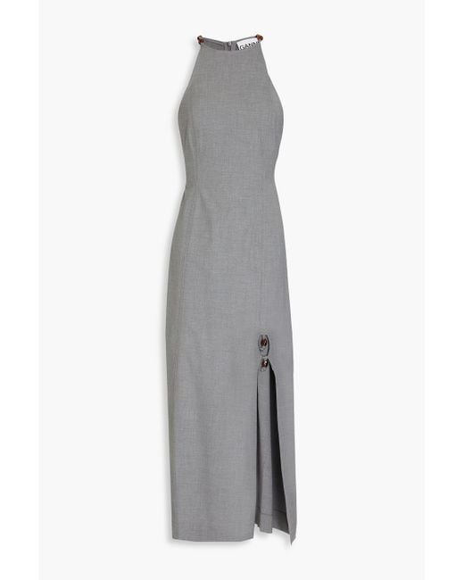 Ganni Gray Bead-embellished Cutout Woven Midi Dress