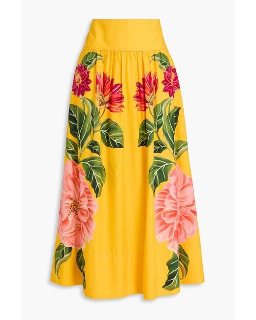 Farm Rio Yellow Floral-Print Cotton-Poplin Midi Skirt