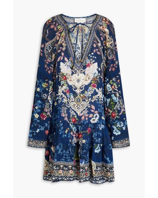 Camilla Blue Crystal-embellished Floral-print Silk Crepe De Chine Mini Dress