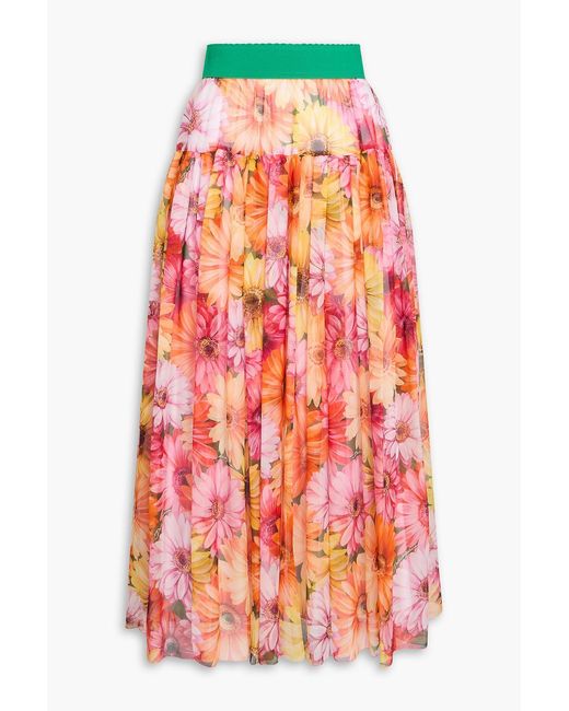 Dolce & Gabbana Gathered Floral-Print Silk-Georgette Midi Skirt