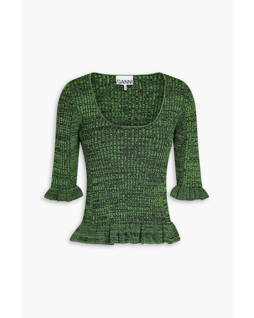 Ganni Green Ruffled Marled Ribbed-knit Top