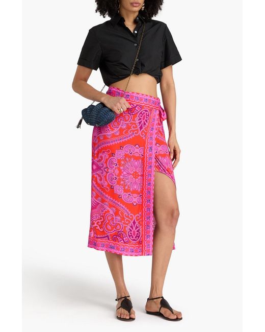 Farm Rio Red Tasseled Printed Crepe De Chine Midi Wrap Skirt