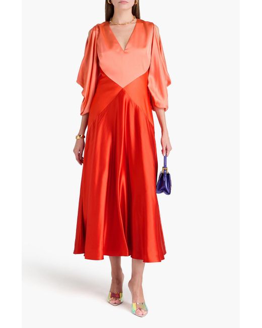 Roksanda Red Cold-shoulder Color-block Satin-crepe Midi Dress