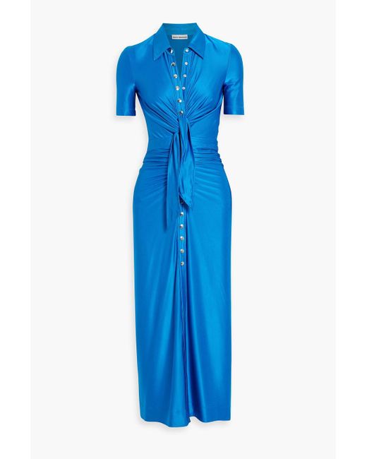 Rabanne Blue Ruched Stretch-satin Midi Shirt Dress