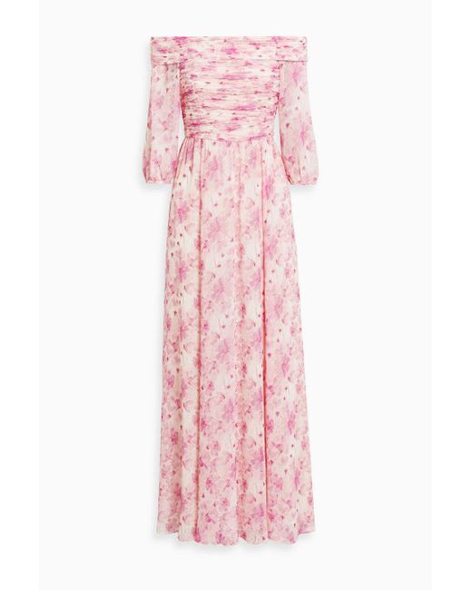 Mikael Aghal Pink Off-the-shoulder Floral-print Chiffon Maxi Dress