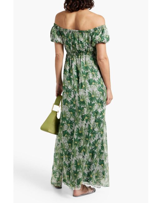 HVN Green Nancy Off-The-Shoulder Floral-Print Silk-Chiffon Maxi Dress