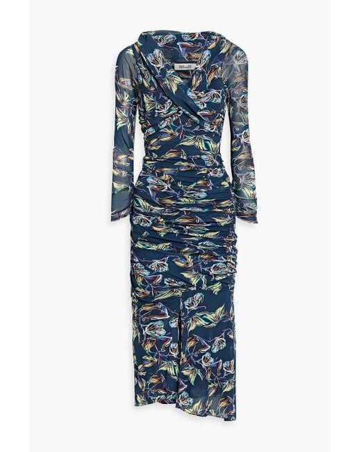 Diane von Furstenberg Blue Ganesa Ruched Printed Stretch-mesh Midi Dress