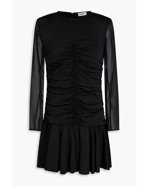 Sandro Black Ruched Satin-Twill And Georgette Mini Dress