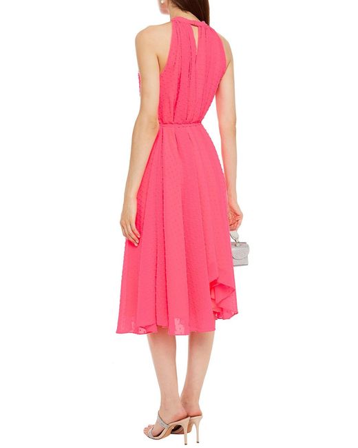 Saloni Pink Gathered Neon Swiss Dot Midi Dress