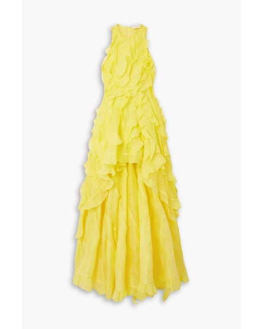 Zimmermann Yellow Embellished Ruffled Linen And Silk-blend Gauze Gown