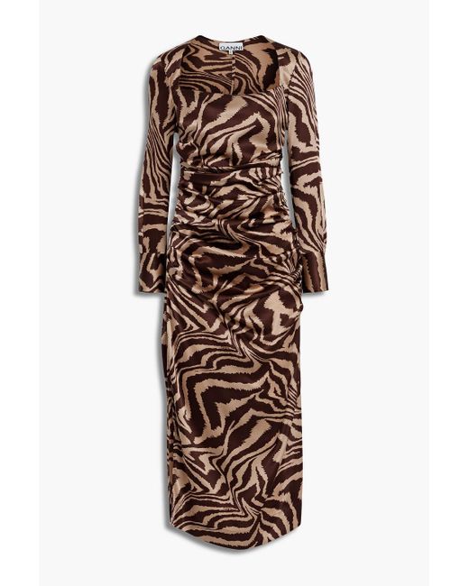 Ganni Brown Pleated Draped Silk-blend Satin Midi Dress