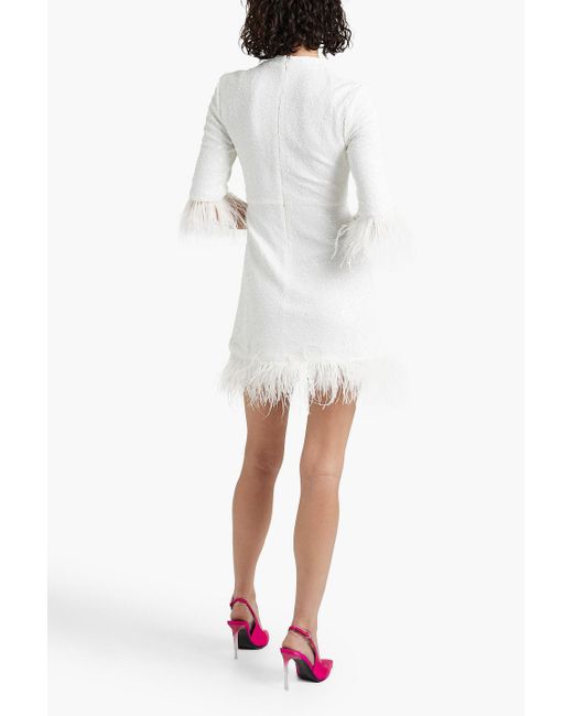 HVN White Ashley Feather-embellished Sequined Tulle Mini Dress