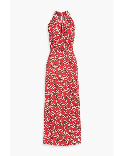 Diane von Furstenberg Red Nyck Cutout Printed Crepe De Chine Maxi Dress