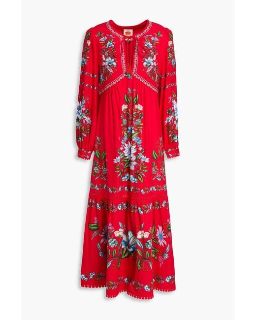 Farm Rio Red Floral-print Linen-blend Midi Dress