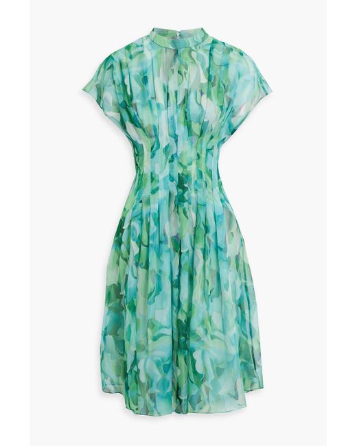 Mikael Aghal Green Pleated Printed Chiffon Dress
