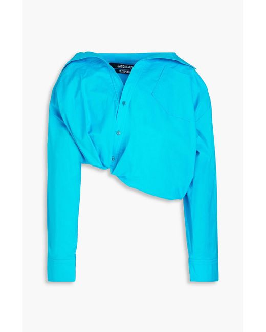 Jacquemus Blue Majean Asymmetric Cropped Cotton-poplin Shirt