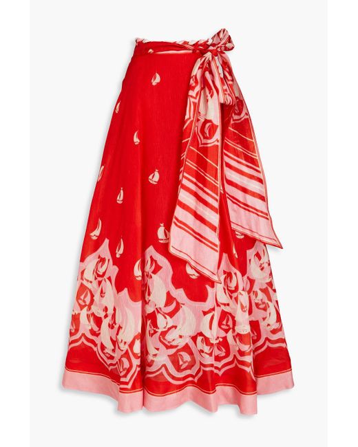 Zimmermann Red Printed Linen And Silk-blend Maxi Skirt