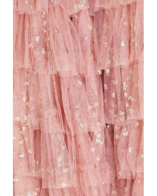 RED Valentino Pink One-shoulder Tiered Glittered Tulle Midi Dress