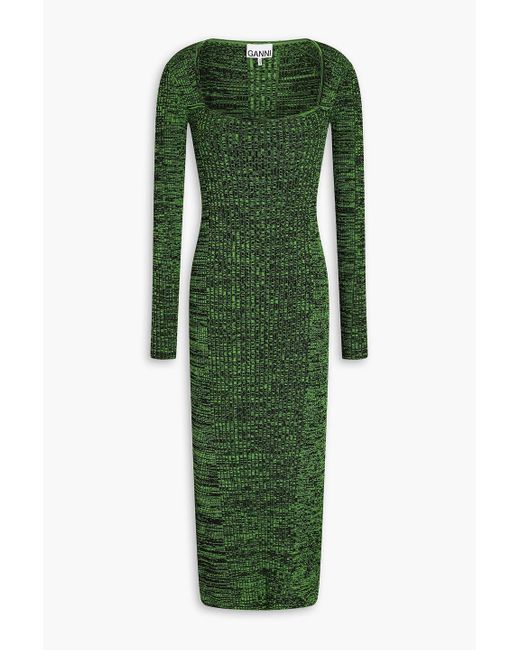 Ganni Green Marled Ribbed-knit Midi Dress