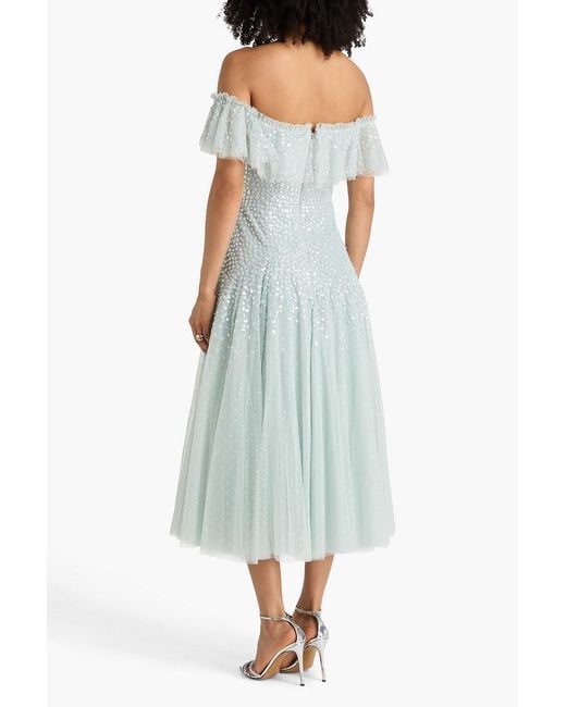 Needle & Thread Blue Dappled Off-The-Shoulder Sequin-Embellished Tulle Midi Dress