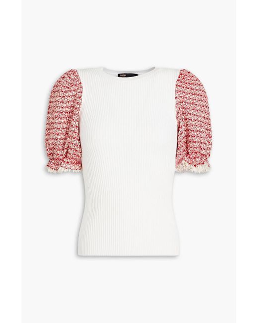 Maje White Tweed-paneled Ribbed-knit Top