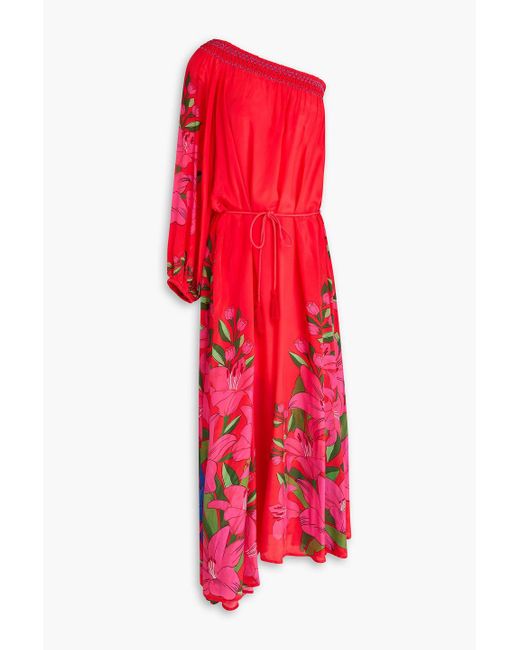 Farm Rio Red Maxikleid aus satin mit floralem print und asymmetrischer schulterpartie