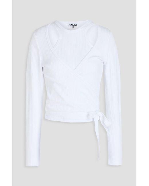 Ganni White Wrap-effect Layered Ribbed Ecoverotm-blend Jersey Top