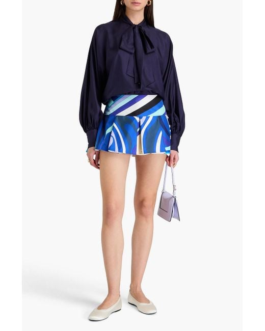 Emilio Pucci Blue Pleated Printed Silk-twill Mini Skirt