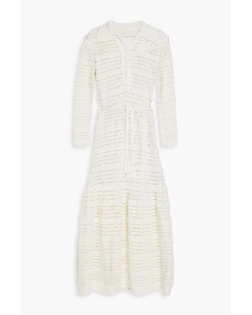 Zimmermann White Belted Crocheted Cotton Midi Dress