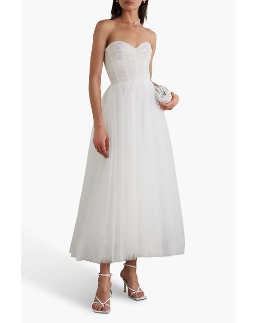 Monique Lhuillier White Brie Strapless Ruched Swiss-dot Tulle Gown
