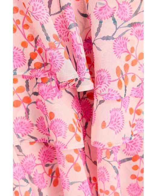 Saloni Pink Lita Ruffled Floral-print Silk-chiffon Midi Skirt