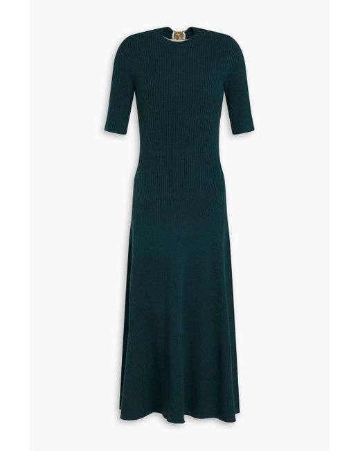 Maje Green Cutout Ribbed-knit Midi Dress