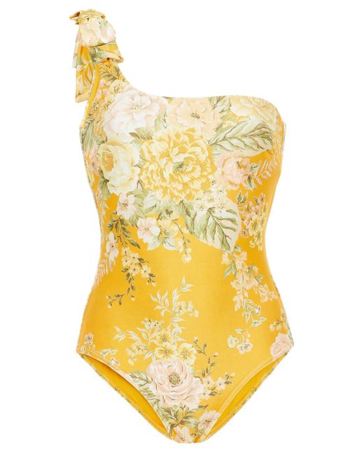 Zimmermann Yellow One-shoulder Embellished Floral-print Swimsuit
